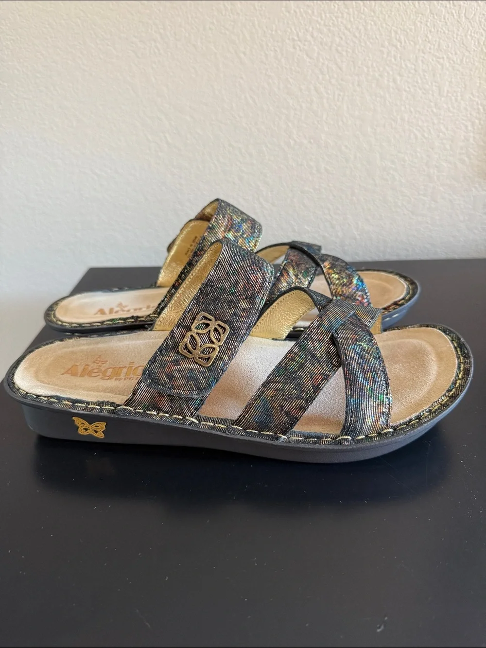 Alegria Women’s Metallic Multi-Color Cross-Strap Slide Sandals